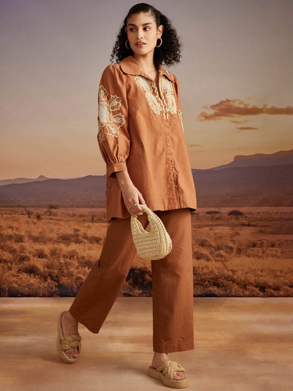 Floral Embroidered Puff Sleeves Shirt With Trousers