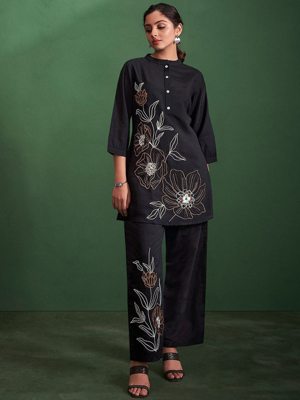 Embroidered Band Collar Tunic With Trouser