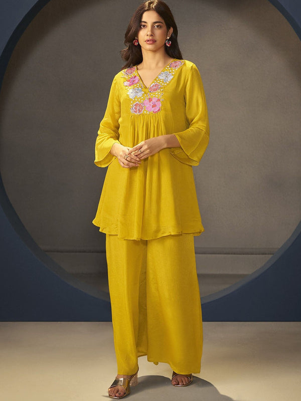 Embroidered V-Neck Top With Palazzo Co-Ords