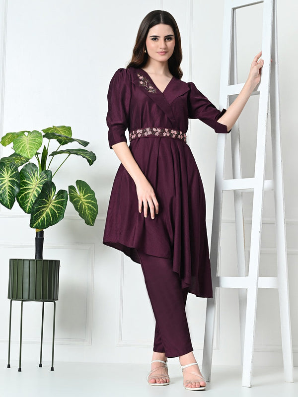 V-Neck Embroided Tunic With Trouser & Designer Belt