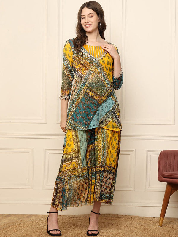 Paisley Printed V-Neck Crop Top Tunic With Palazzo