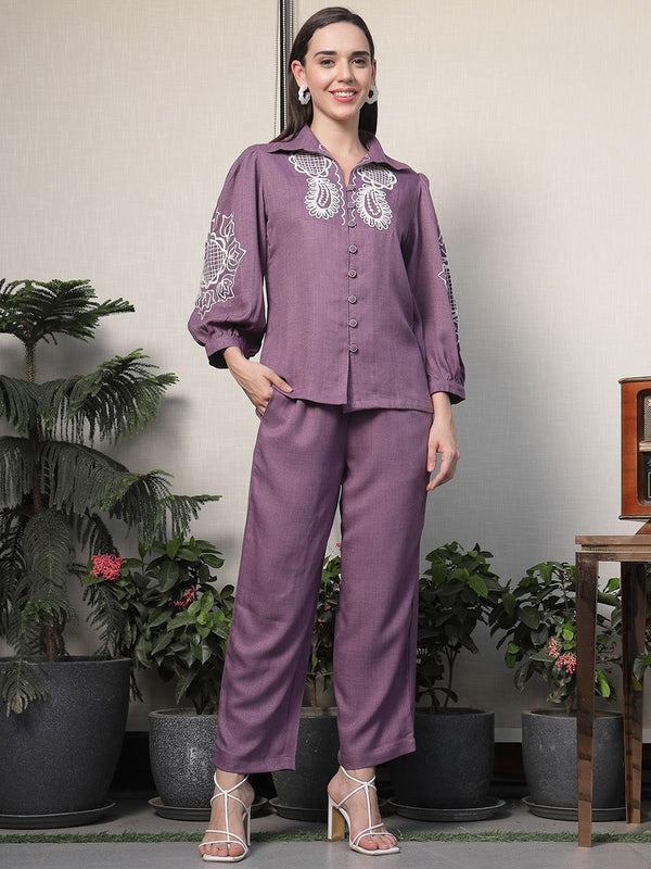 Embroidered Shirt Collar Cotton Shirt With Trousers Co-Ords