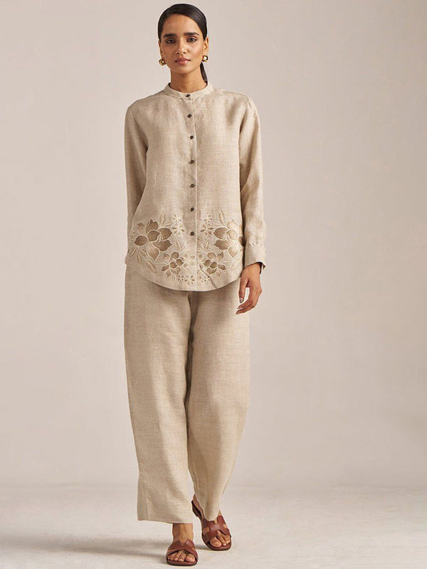 Undyed Natural Linen Embroidered Co-Ord Set