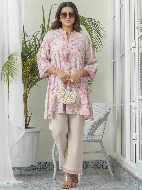 Floral Printed Mandarin Collar Linen Tunic With Trousers