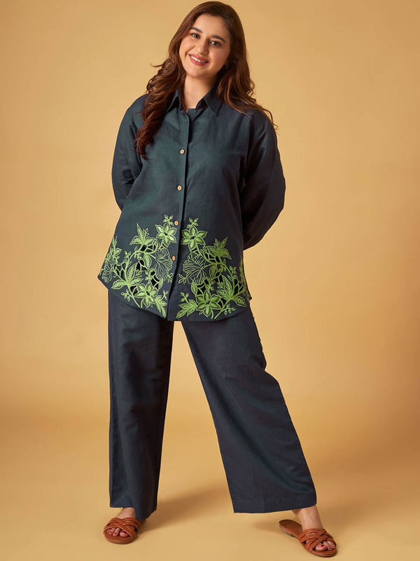 Floral Cutwork Embroidered Cotton Linen Shirt With Trousers