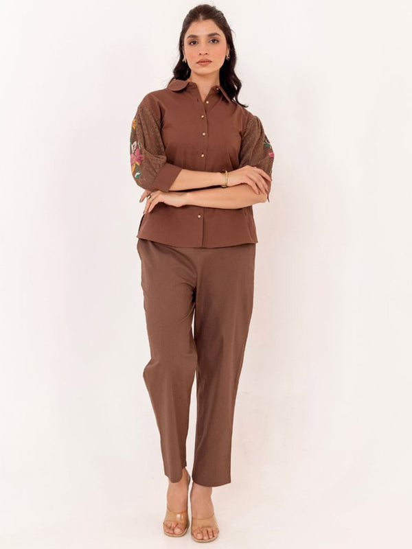 Embroidered Shirt Collar Pure Cotton Shirt With Trousers Co-Ords