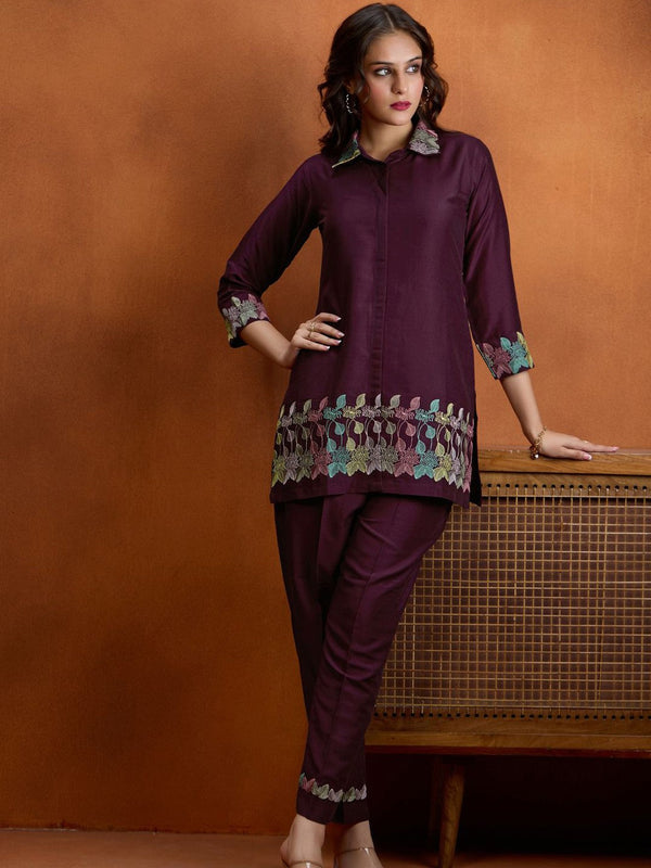 Floral Embroidered Shirt Collar Tunic With Trousers