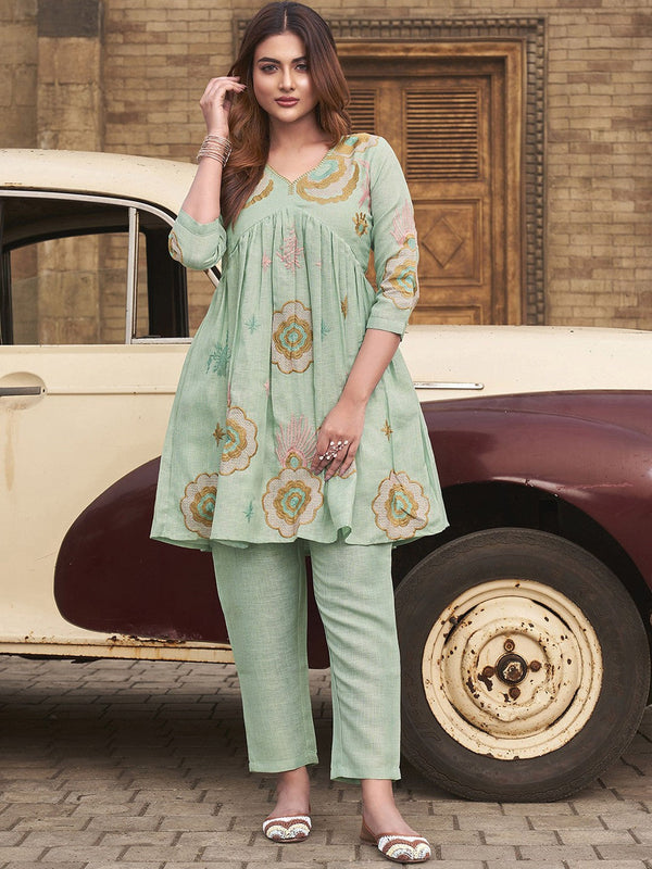 Floral Embroidered V Neck linen Tunic With Trousers