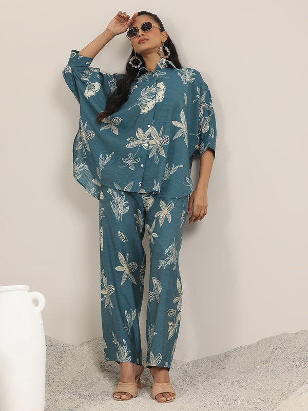 Floral Printed Shirt Collar Kimono Sleeves Shirt With Trouser