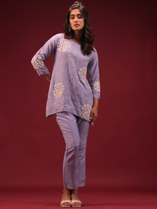 Embroidered Round Neck Top with Trousers Co-Ords