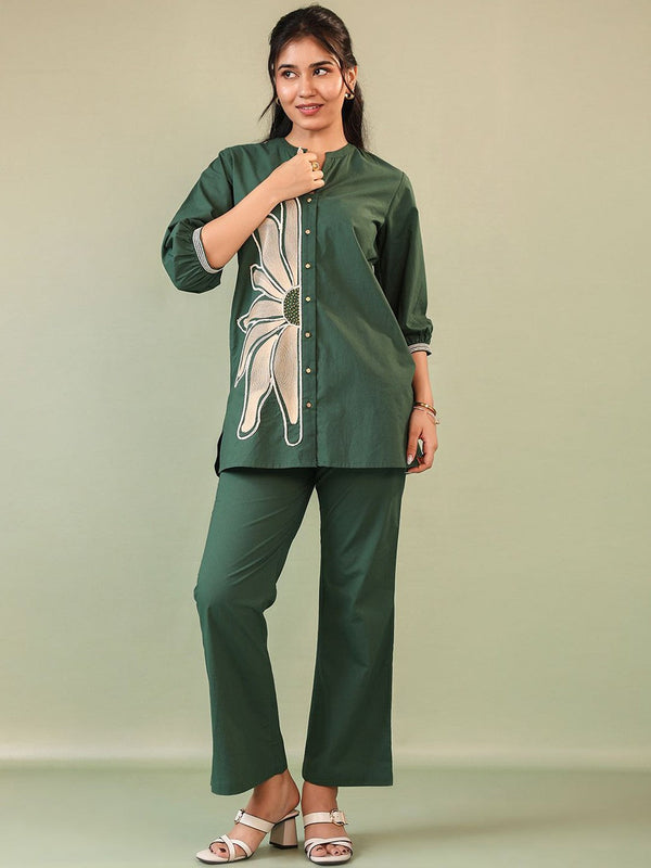 Embroidered Pure Cotton Mandarin Collar Neck Shirt & Trouser Co-Ords