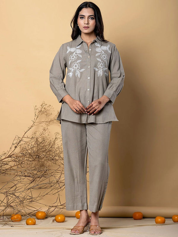 Floral Embroidered Shirt Collar Neck Shirt With Palazzo